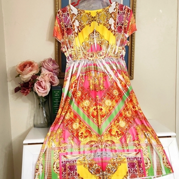 Vibrant Multicolor Short Sleeve Bohemian Dress Size Large Colorful Art To Wear - Picture 8 of 8
